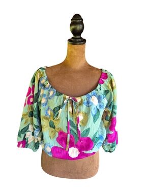 Kori Mint Green Floral Off-Shoulder Elastic Bubble Top Puff Sleeves Tie Neckline